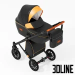 High-detail 3D model of the Anex Cross stroller in black eco-leather with vibrant orange accents on the hood and piping, including a matching hanging bag and rugged wheels.