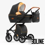 High-detail 3D model of the Anex Cross stroller in black eco-leather with vibrant orange accents on the hood and piping, including a matching hanging bag and rugged wheels.