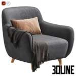 3D model of the Ansil Happy Light armchair upholstered in soft white velvet, styled with a brown lumbar pillow and a dark grey throw blanket, resting on light wood legs.