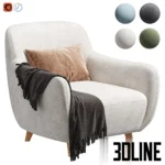 3D model of the Ansil Happy Light armchair upholstered in soft white velvet, styled with a brown lumbar pillow and a dark grey throw blanket, resting on light wood legs.