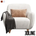 3D model of the Ansil Happy Light armchair upholstered in soft white velvet, styled with a brown lumbar pillow and a dark grey throw blanket, resting on light wood legs.