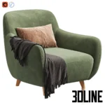 3D model of the Ansil Happy Light armchair upholstered in soft white velvet, styled with a brown lumbar pillow and a dark grey throw blanket, resting on light wood legs.