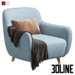 3D model of the Ansil Happy Light armchair upholstered in soft white velvet, styled with a brown lumbar pillow and a dark grey throw blanket, resting on light wood legs.