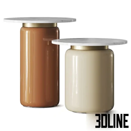 3D model set of Anthropologie Infinity side tables, featuring a glossy colored glass cylindrical base in caramel and beige, accented with a brass neck and a white marble top.