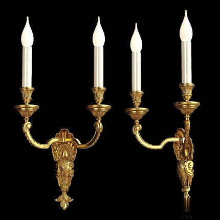 3D model of an Antique French Wall Lamp, featuring a double-arm sconce design in polished gold/brass with intricate scrollwork, acanthus leaf details, and two candle-style bulbs.