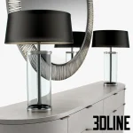 High-end 3D model of an Armani Casa Castilla console, a half-round dresser, with two black-shaded table lamps and a large round ribbed mirror.
