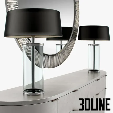 High-end 3D model of an Armani Casa Castilla console, a half-round dresser, with two black-shaded table lamps and a large round ribbed mirror.