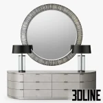 High-end 3D model of an Armani Casa Castilla console, a half-round dresser, with two black-shaded table lamps and a large round ribbed mirror.