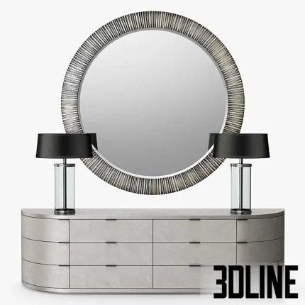 High-end 3D model of an Armani Casa Castilla console, a half-round dresser, with two black-shaded table lamps and a large round ribbed mirror.