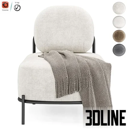 High-resolution 3D model of the Armchair Hawaii by Inmyroom, featuring large cream-colored cushions on a black metal frame, draped with a patterned throw.