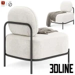 High-resolution 3D model of the Armchair Hawaii by Inmyroom, featuring large cream-colored cushions on a black metal frame, draped with a patterned throw.
