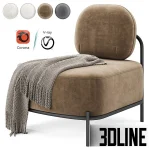 High-resolution 3D model of the Armchair Hawaii by Inmyroom, featuring large cream-colored cushions on a black metal frame, draped with a patterned throw.
