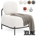 High-resolution 3D model of the Armchair Hawaii by Inmyroom, featuring large cream-colored cushions on a black metal frame, draped with a patterned throw.