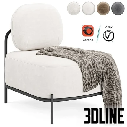 High-resolution 3D model of the Armchair Hawaii by Inmyroom, featuring large cream-colored cushions on a black metal frame, draped with a patterned throw.