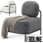 High-resolution 3D model of the Armchair Hawaii by Inmyroom, featuring large cream-colored cushions on a black metal frame, draped with a patterned throw.