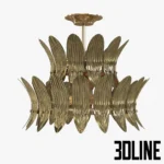 3D model of the Arteriors Analise two-tier chandelier, featuring rows of stylized brass leaves or feathers arranged in a circular vintage-inspired design.