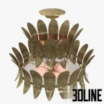 3D model of the Arteriors Analise two-tier chandelier, featuring rows of stylized brass leaves or feathers arranged in a circular vintage-inspired design.