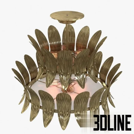 3D model of the Arteriors Analise two-tier chandelier, featuring rows of stylized brass leaves or feathers arranged in a circular vintage-inspired design.