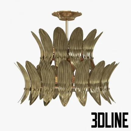 3D model of the Arteriors Analise two-tier chandelier, featuring rows of stylized brass leaves or feathers arranged in a circular vintage-inspired design.