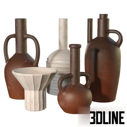 3D model set of five artisan clay vessels in varying shapes, featuring rough, weathered textures in dark brown and white, with unique handles and spouts.