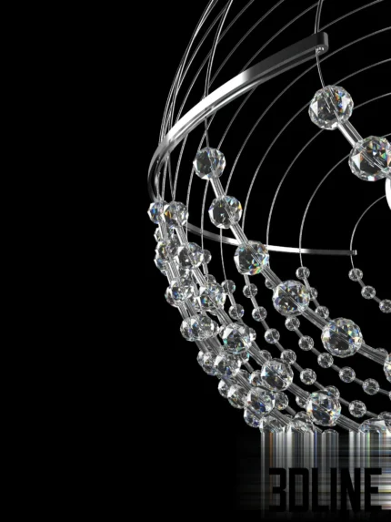3D model of the Aureliano Toso Allyson pendant light, featuring a spherical wire cage design in chrome with cascading strands of crystal beads draped inside.