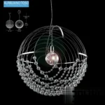 3D model of the Aureliano Toso Allyson pendant light, featuring a spherical wire cage design in chrome with cascading strands of crystal beads draped inside.