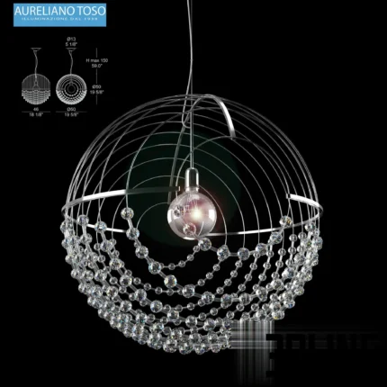 3D model of the Aureliano Toso Allyson pendant light, featuring a spherical wire cage design in chrome with cascading strands of crystal beads draped inside.