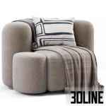 3D model of the Baba Easy Chair by Gisbert Pöppler, featuring a voluminous, rounded design upholstered in white textured bouclé fabric, accompanied by a matching cylindrical ottoman, a chevron throw, and a patterned pillow.