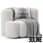 3D model of the Baba Easy Chair by Gisbert Pöppler, featuring a voluminous, rounded design upholstered in white textured bouclé fabric, accompanied by a matching cylindrical ottoman, a chevron throw, and a patterned pillow.