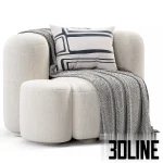 3D model of the Baba Easy Chair by Gisbert Pöppler, featuring a voluminous, rounded design upholstered in white textured bouclé fabric, accompanied by a matching cylindrical ottoman, a chevron throw, and a patterned pillow.