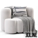 3D model of the Baba Easy Chair by Gisbert Pöppler, featuring a voluminous, rounded design upholstered in white textured bouclé fabric, accompanied by a matching cylindrical ottoman, a chevron throw, and a patterned pillow.