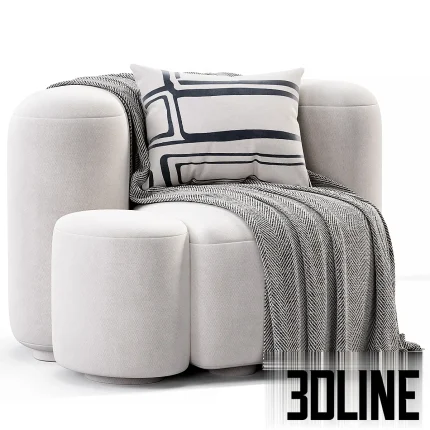 3D model of the Baba Easy Chair by Gisbert Pöppler, featuring a voluminous, rounded design upholstered in white textured bouclé fabric, accompanied by a matching cylindrical ottoman, a chevron throw, and a patterned pillow.