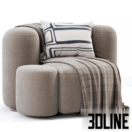 3D model of the Baba Easy Chair by Gisbert Pöppler, featuring a voluminous, rounded design upholstered in white textured bouclé fabric, accompanied by a matching cylindrical ottoman, a chevron throw, and a patterned pillow.