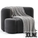 3D model of the Baba Easy Chair by Gisbert Pöppler, featuring a voluminous, rounded design upholstered in white textured bouclé fabric, accompanied by a matching cylindrical ottoman, a chevron throw, and a patterned pillow.