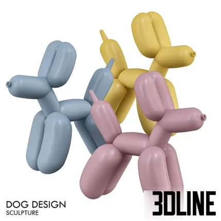 3D model set of balloon dog style sculptures in matte pastel colors (blue, pink, yellow) and black, featuring a playful pop-art design for modern shelving.