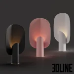 3D model set of the BO Lamp by Bandido Studio, featuring a cylindrical base and a large oval petal-shaped shade, shown in matte black, pastel pink, and white finishes.