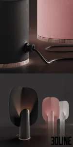 3D model set of the BO Lamp by Bandido Studio, featuring a cylindrical base and a large oval petal-shaped shade, shown in matte black, pastel pink, and white finishes.