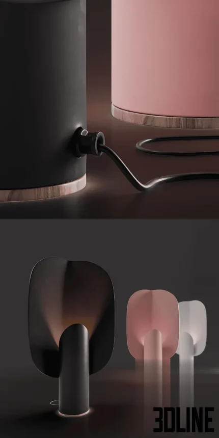 3D model set of the BO Lamp by Bandido Studio, featuring a cylindrical base and a large oval petal-shaped shade, shown in matte black, pastel pink, and white finishes.