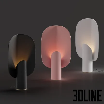 3D model set of the BO Lamp by Bandido Studio, featuring a cylindrical base and a large oval petal-shaped shade, shown in matte black, pastel pink, and white finishes.