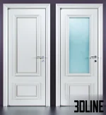 3D model set of Barausse Doge interior doors in white, showing a solid panel version (Doge PP) and a glass pane version (Doge VP) with classic molding and chrome handles.