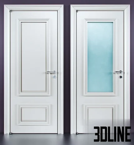 3D model set of Barausse Doge interior doors in white, showing a solid panel version (Doge PP) and a glass pane version (Doge VP) with classic molding and chrome handles.