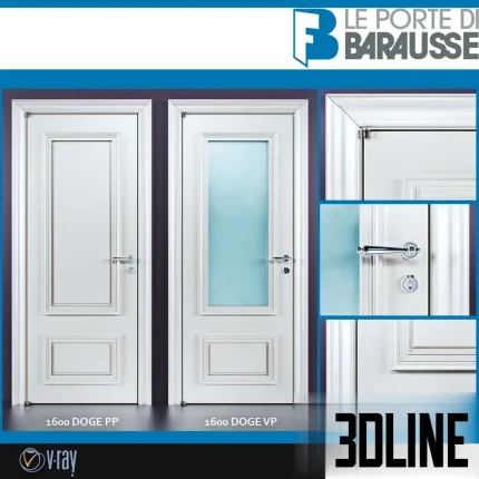 3D model set of Barausse Doge interior doors in white, showing a solid panel version (Doge PP) and a glass pane version (Doge VP) with classic molding and chrome handles.