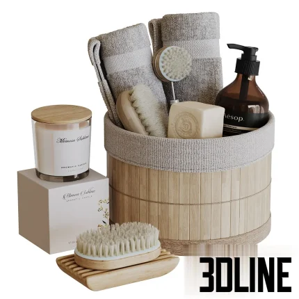 3D model collection of spa-style bathroom accessories (Set 15), including a wooden bucket with grey towels, dry body brushes, a bar of soap, an Aesop pump bottle, and a scented candle box.