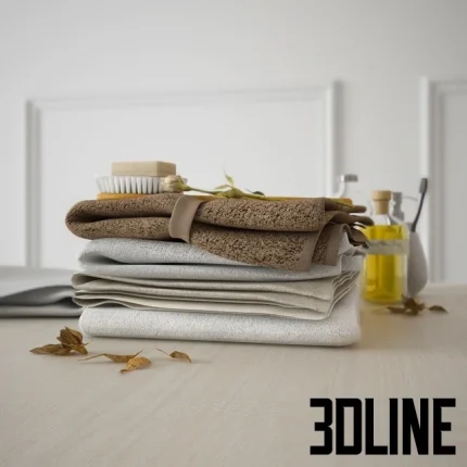 High-resolution 3D model of stacked, folded brown and beige bathroom towels with a wooden brush, soap bar, and glass bottle of bath oil.