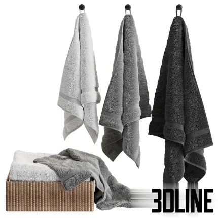 3D model set of bathroom towels including three hanging towels in white and grey, and a wicker basket filled with folded towels.