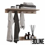 3D model set of bathroom accessories on a wooden shelf, including a stack of grey and white folded towels, Kaori branded pump bottles, body cream jars, a reed diffuser, and a scented candle.