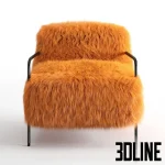 3D model of the Baxter Bruxelles armchair, featuring voluminous bright orange Mongolian fur upholstery supported by slender black metal legs.