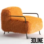 3D model of the Baxter Bruxelles armchair, featuring voluminous bright orange Mongolian fur upholstery supported by slender black metal legs.