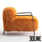 3D model of the Baxter Bruxelles armchair, featuring voluminous bright orange Mongolian fur upholstery supported by slender black metal legs.