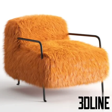 3D model of the Baxter Bruxelles armchair, featuring voluminous bright orange Mongolian fur upholstery supported by slender black metal legs.